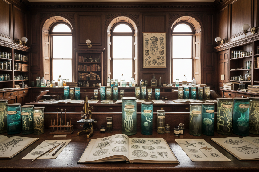 Victorian marine biology laboratory circa 1899 with specimen jars sea squirts chromolithograph plates brass microscope and Haeckel Kunstformen der Natur illustrations