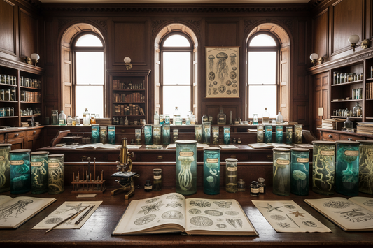 Victorian marine biology laboratory circa 1899 with specimen jars sea squirts chromolithograph plates brass microscope and Haeckel Kunstformen der Natur illustrations