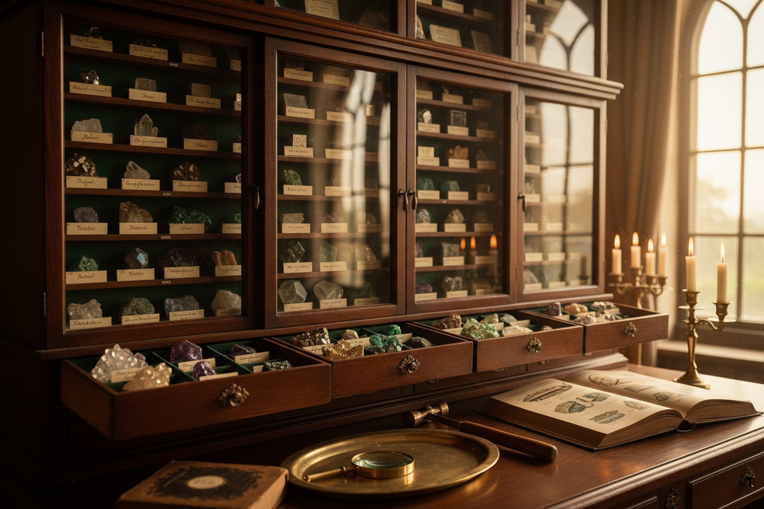 Victorian mineral cabinet circa 1893 with glass-fronted drawers displaying labelled quartz, galena, pyrite and amethyst specimens, magnifying glass and open natural history book on mahogany surface - LeBonJournal