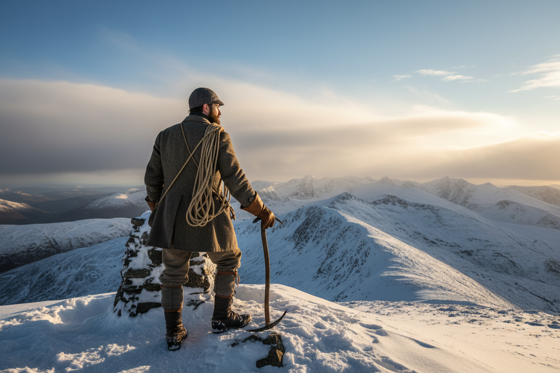 Victorian mountaineer standing triumphant at a mountain summit with ice axe and rope, panoramic view of snow-capped peaks, dramatic clouds and golden afternoon light, Scottish Highlands or Alps 1880s