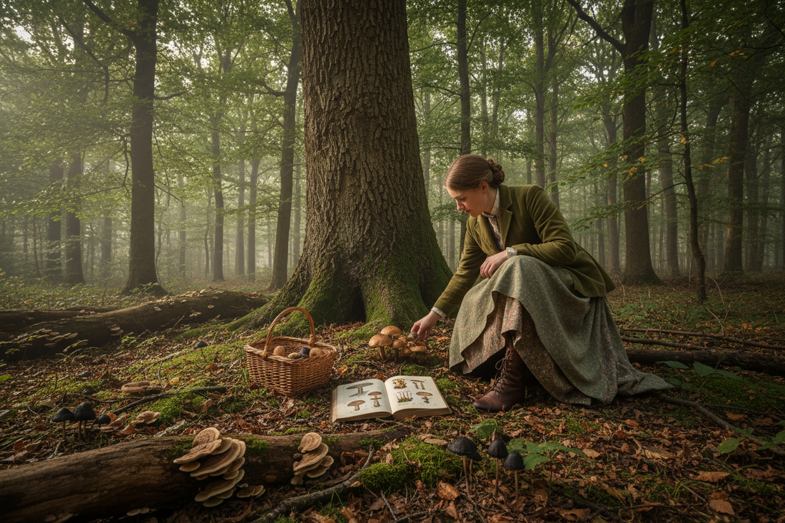 Victorian mushroom forager crouching in a forest with a wicker basket and an open illustrated atlas on the forest floor, ink cap and bracket fungi in the foreground, dappled light through tall trees, French forest 1890s