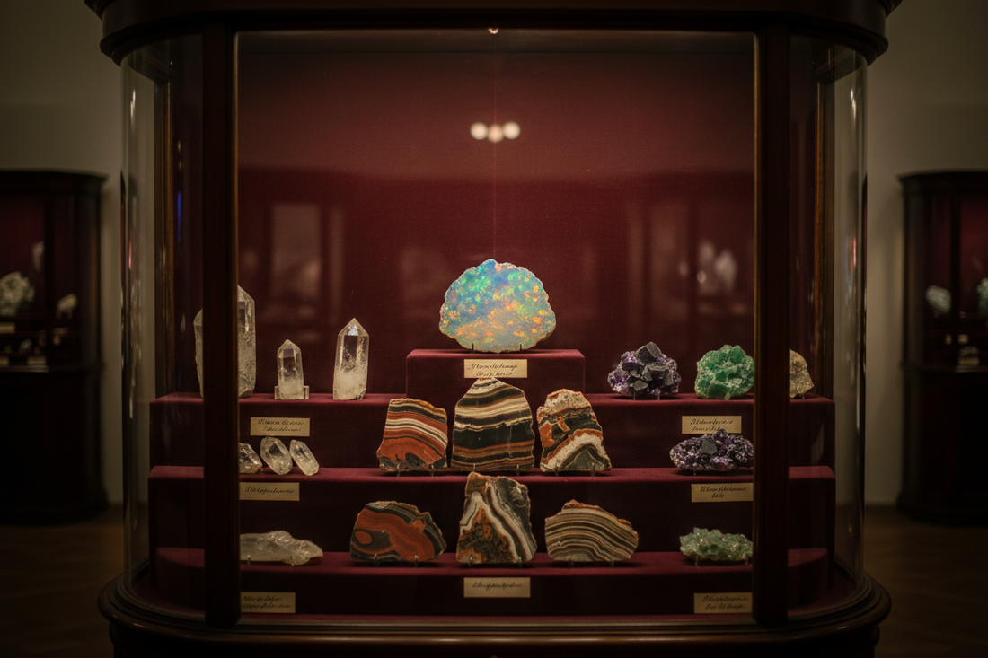 Victorian natural history museum display case with Hungarian opal jasper onyx quartz fluorite and apatite specimens on burgundy velvet with German handwritten labels in warm museum lighting - LeBonJournal
