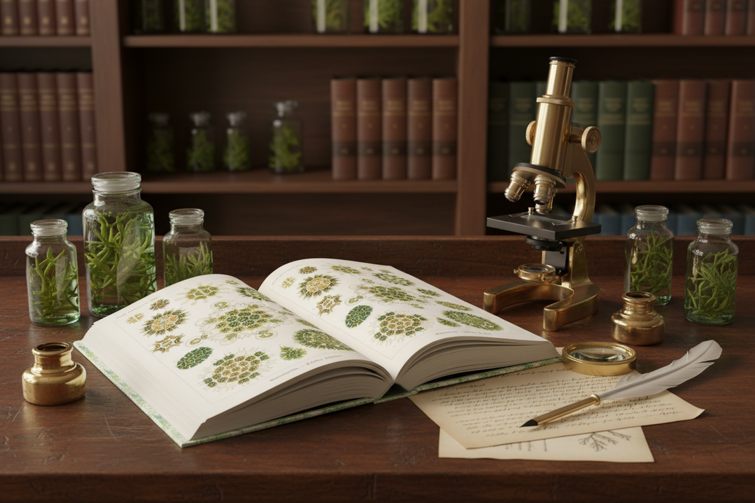Victorian naturalist laboratory desk with Ernst Haeckel Kunstformen der Natur algae plates brass microscope specimen jars and scientific notes - LeBonJournal