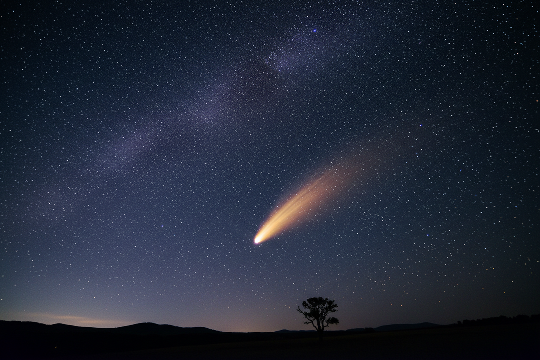 Night sky with bright comet and luminous tail crossing a star-filled sky above dark countryside silhouette, inspired by Trouvelot 1881 - LeBonJournal