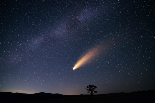Night sky with bright comet and luminous tail crossing a star-filled sky above dark countryside silhouette, inspired by Trouvelot 1881 - LeBonJournal