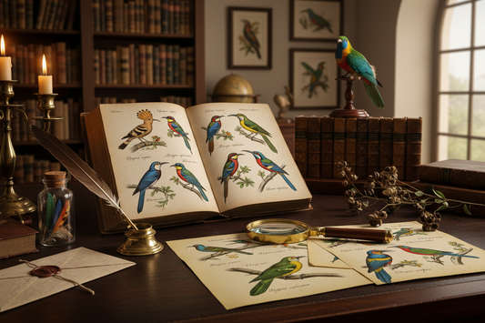 Victorian ornithologist's desk circa 1825 with hand-colored bird engravings quill pen brass magnifying glass and exotic feathers