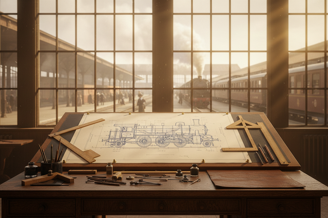 Victorian German railway engineering drawing room circa 1908, technical drawing board with locomotive blueprint plans, compasses and ruling pens, large windows overlooking steam locomotives and vintage carriages on the platforms below - LeBonJournal
