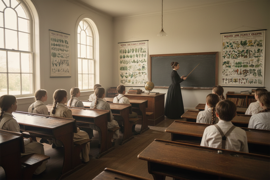 Victorian schoolroom in 1890 with teacher and students in period clothing attending a botany lesson with Marcius Willson chromolithographic school charts on the wall
