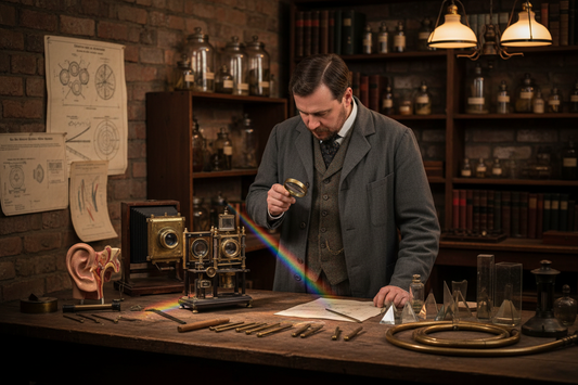Victorian natural philosopher in grey laboratory coat examining optical and acoustic instruments in a candlelit laboratory circa 1850, with camera obscura, magic lantern, prisms and scientific diagrams 