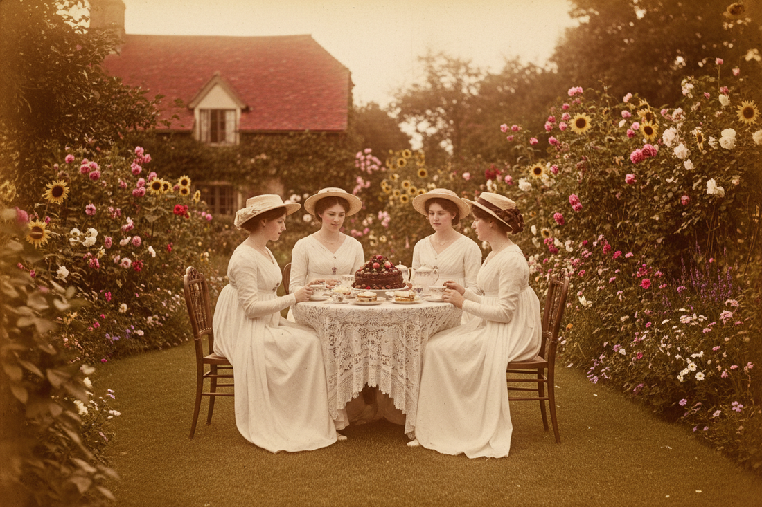 Three Victorian young women in white Regency dresses and straw hats taking afternoon tea in an English cottage garden, fruit cake and teacups on the table, golden afternoon light