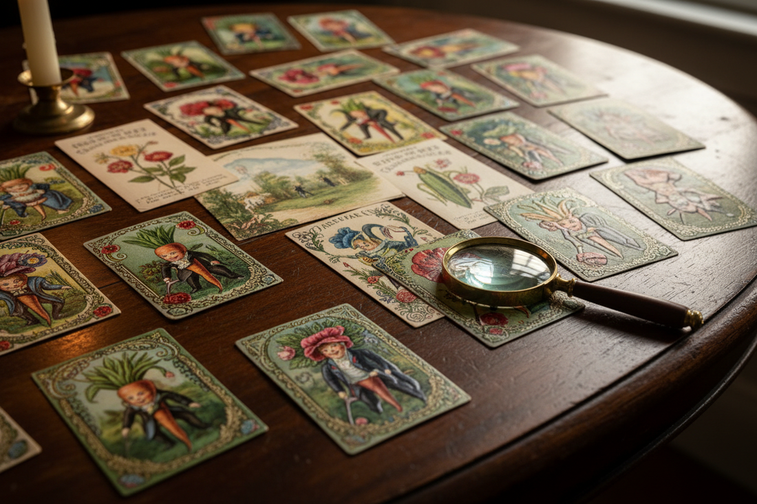 Victorian chromolithographic trade cards and illustrated seed envelopes scattered on a dark wooden table with a magnifying glass, warm afternoon light, Gilded Age Americana collector's table