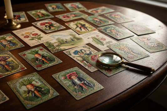 Victorian chromolithographic trade cards and illustrated seed envelopes scattered on a dark wooden table with a magnifying glass, warm afternoon light, Gilded Age Americana collector's table
