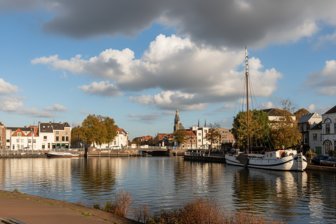 View of Delft from the south bank of the Kolk harbor today, the Nieuwe Kerk tower rising above historic brick buildings reflected in calm water under a dramatic Dutch cloudy sky