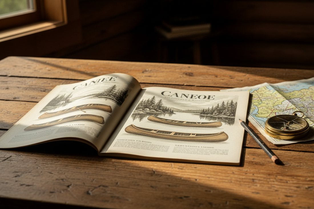 Vintage 1920s canoe catalog open on worn wooden table with pencil, folded map and compass in warm natural light - LeBonJournal