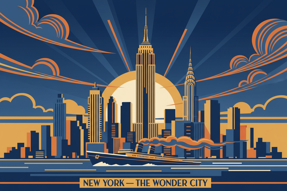 Vintage Art Déco travel poster illustration of the New York City skyline from the water — Empire State Building and Chrysler Building in bold geometric forms, deep blue, gold and orange palette, ocean liner in the foreground, 1930s poster style