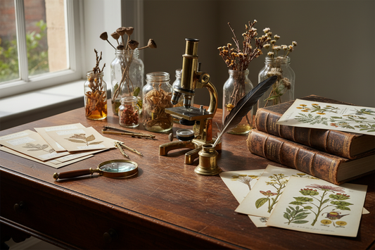 Vintage 18th century botanical study desk with antique microscope, dried specimens, and scientific instruments