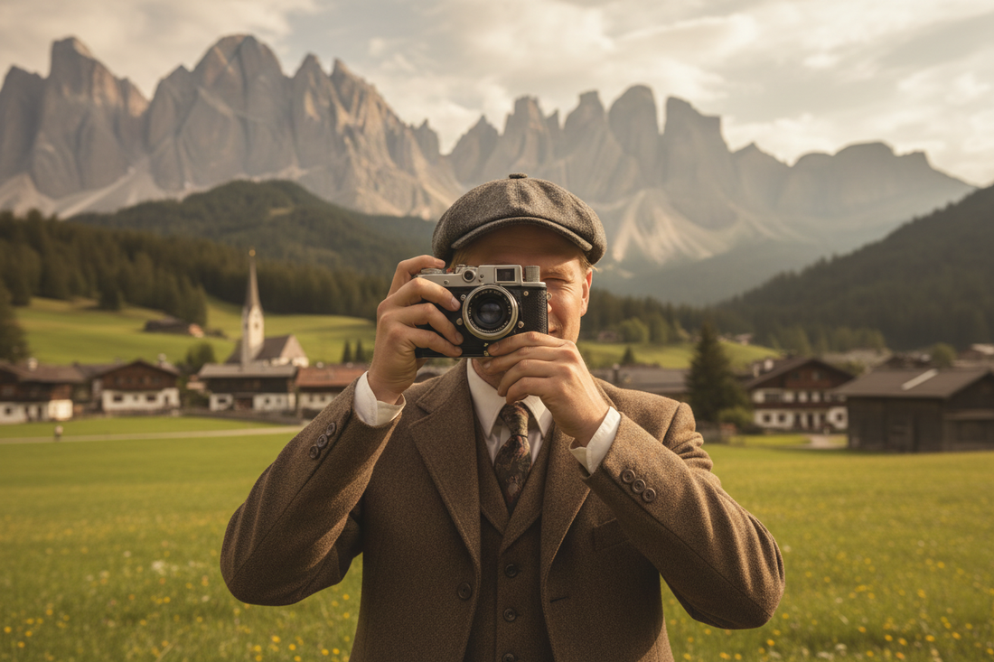 Gentleman in early 20th century tweed attire holding an early reflex camera pointed at the viewer, with a breathtaking Austrian alpine landscape behind him - LeBonJournal