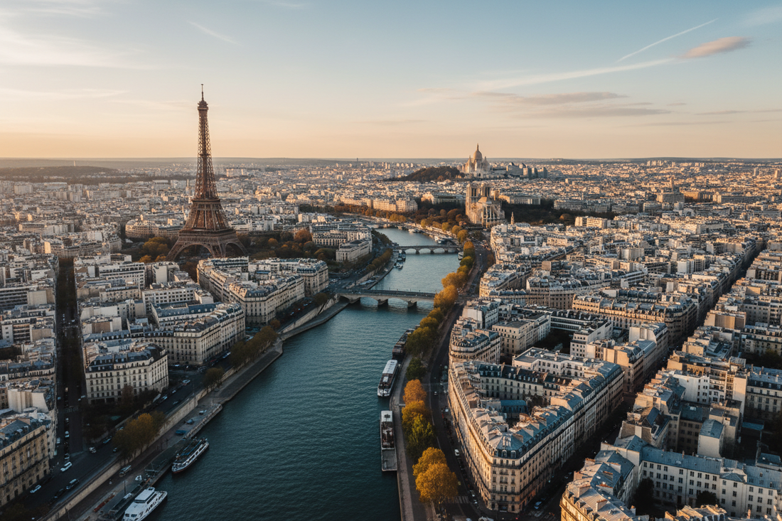 Aerial view of Paris at golden hour with the Seine, Eiffel Tower, Notre-Dame and Haussmann rooftops — the City of Light from above