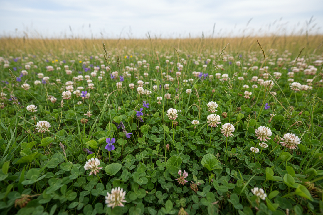 Wild meadow at ground level with clover blooms and sweet violet flowers intermingled among grasses, soft diffused natural light - LeBonJournal