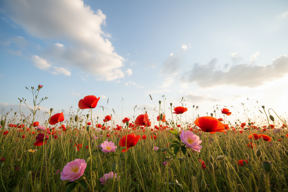 Wild summer meadow at ground level with red poppies and dog roses stretching across the frame under a pale blue Central European sky - LeBonJournal