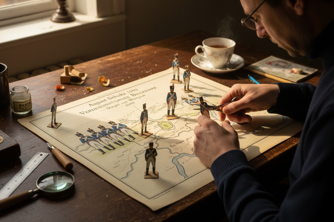 Wooden desk with Schultz 1910 Napoleonic school chart being cut into paper soldiers arranged in Battle of Wagram formation on hand-drawn battlefield map with scissors magnifying glass and cold cup of tea in warm afternoon light - LeBonJournal