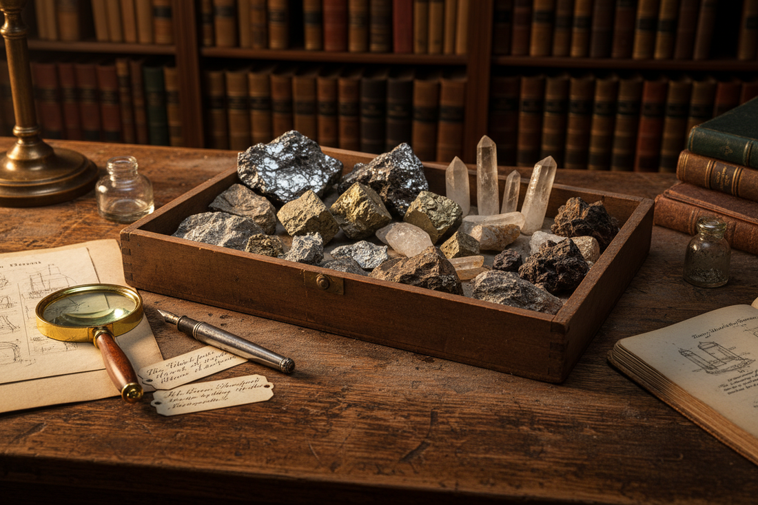 Wooden mineral specimen box filled with galena pyrite quartz and crystals on a scientist's wooden desk with magnifying glass and notebook