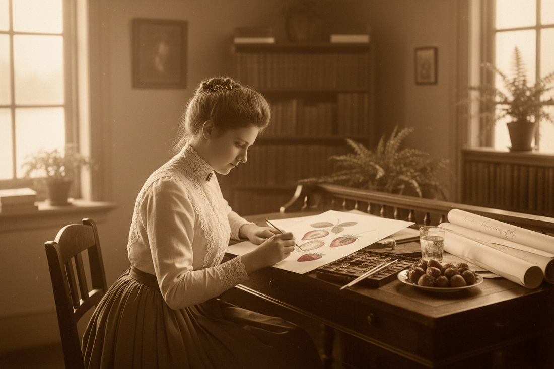 Early 1900s young woman in period clothing painting a watercolor botanical illustration of strawberries at a wooden desk, USDA pomological art style - LeBonJournal