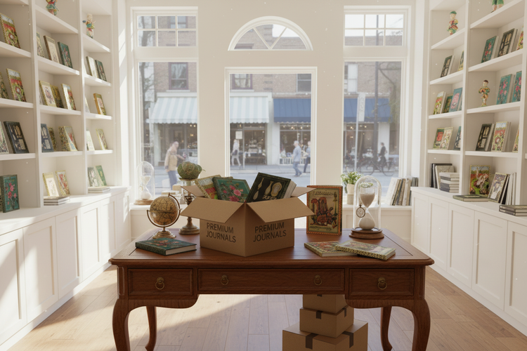 New arrivals at LeBonJournal boutique with unpacked journals on antique desk
