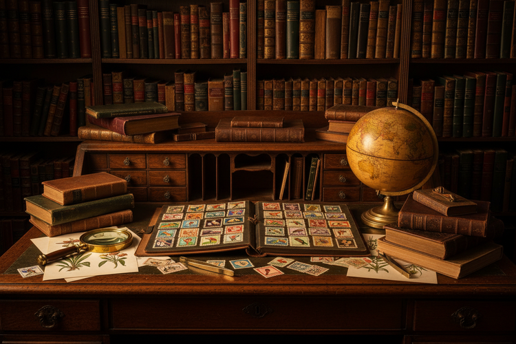 Vintage collector's desk with stamp album, antique globe, magnifying glass, philatelist tools, and library in warm lighting - LeBonJournal