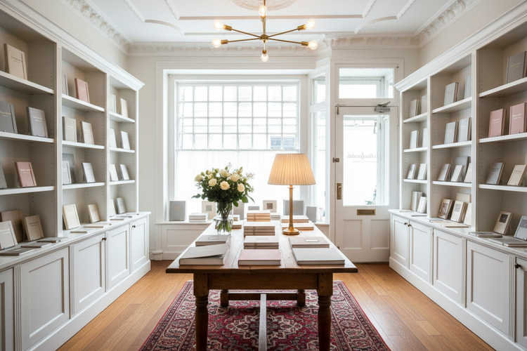 LeBonJournal boutique interior - elegant stationery shop with white shelving, journals, antique oak counter, Persian rug, and English-style storefront window