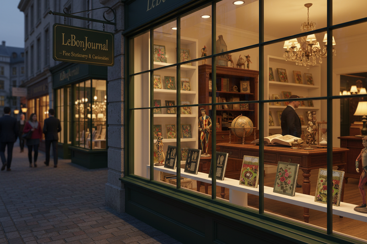 LeBonJournal storefront with best-selling journals displayed through window