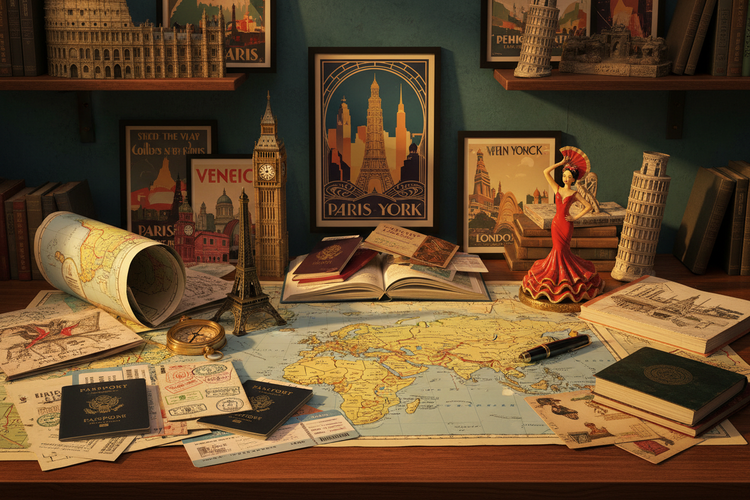 Vintage traveler's desk with maps, travel guides, passports, and iconic landmark souvenirs in warm inviting lighting - LeBonJournal