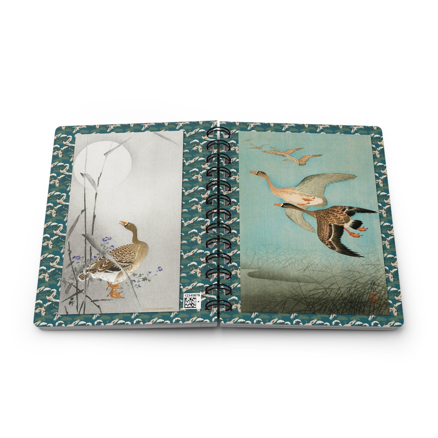 Ohara Koson Geese Spiral Journal — Flying Geese 1926 & Goose at Full Moon Shin-hanga Kachō-e