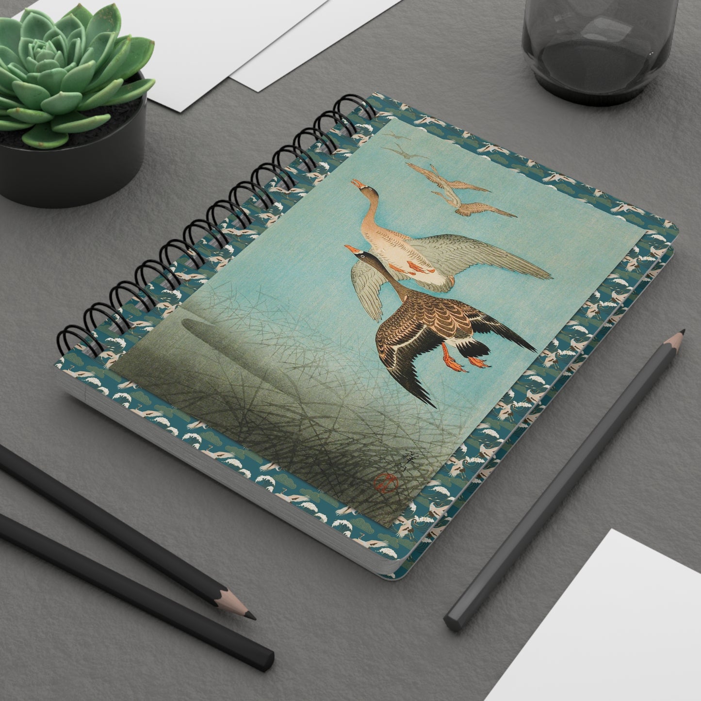 Ohara Koson Geese Spiral Journal — Flying Geese 1926 & Goose at Full Moon Shin-hanga Kachō-e