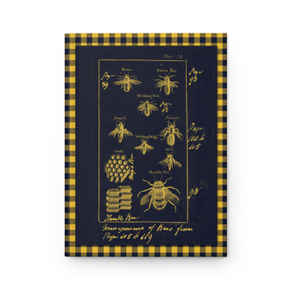 Front cover close-up contemporary interpretation 1792 Plate 14 honeybee colony Queen Drone Worker Bee honeycomb navy blue golden yellow gingham check pattern - LeBonJournal