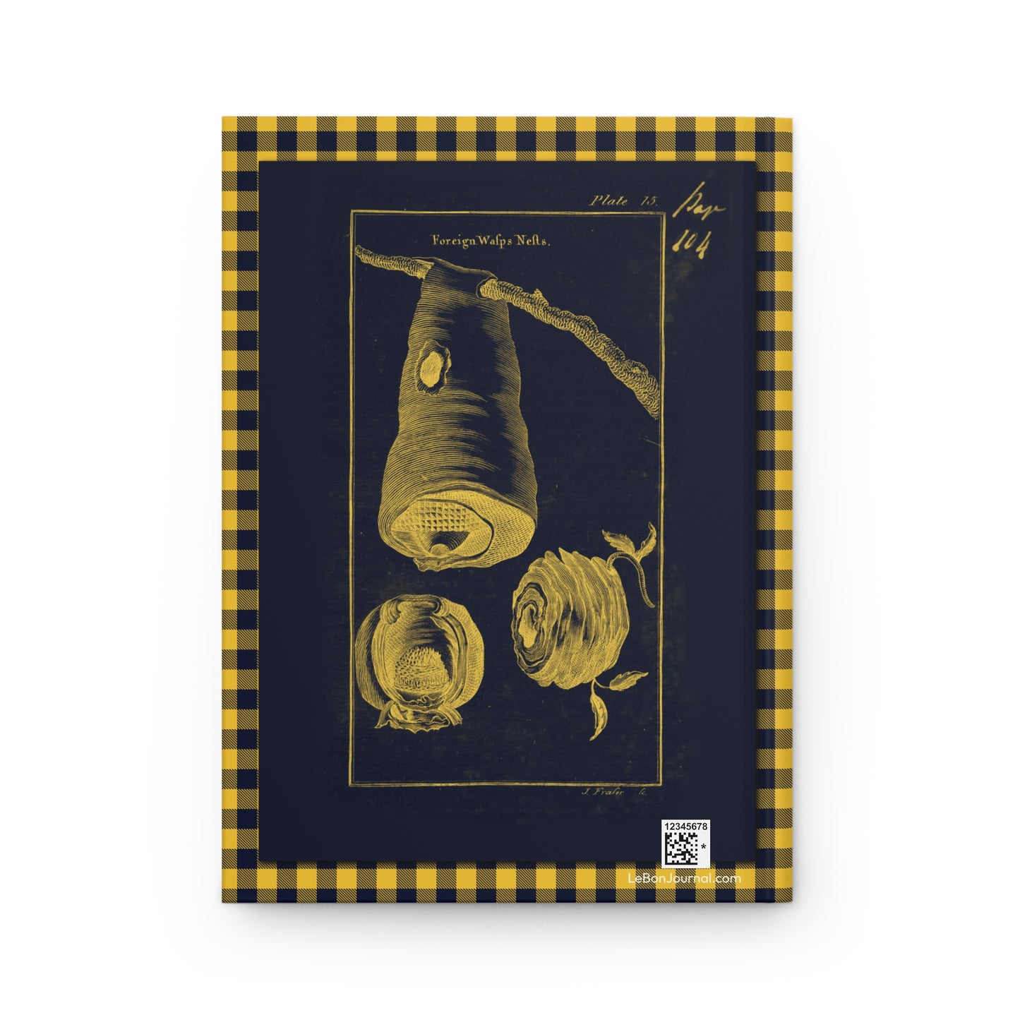 Back cover contemporary interpretation 1792 Plate 15 foreign wasps nests Jan Swammerdam J Frazer engraving navy blue yellow gingham pattern - LeBonJournal