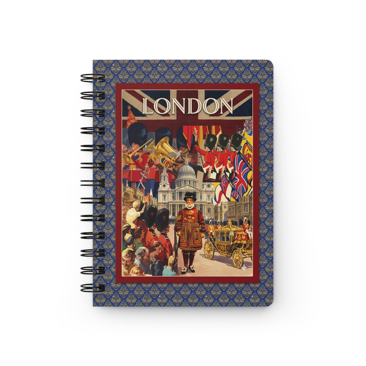 London Vintage Travel Poster Spiral Journal — Routemaster Bus Royal Guard Big Ben Union Jack