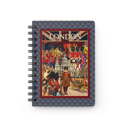London Vintage Travel Poster Spiral Journal — Routemaster Bus Royal Guard Big Ben Union Jack