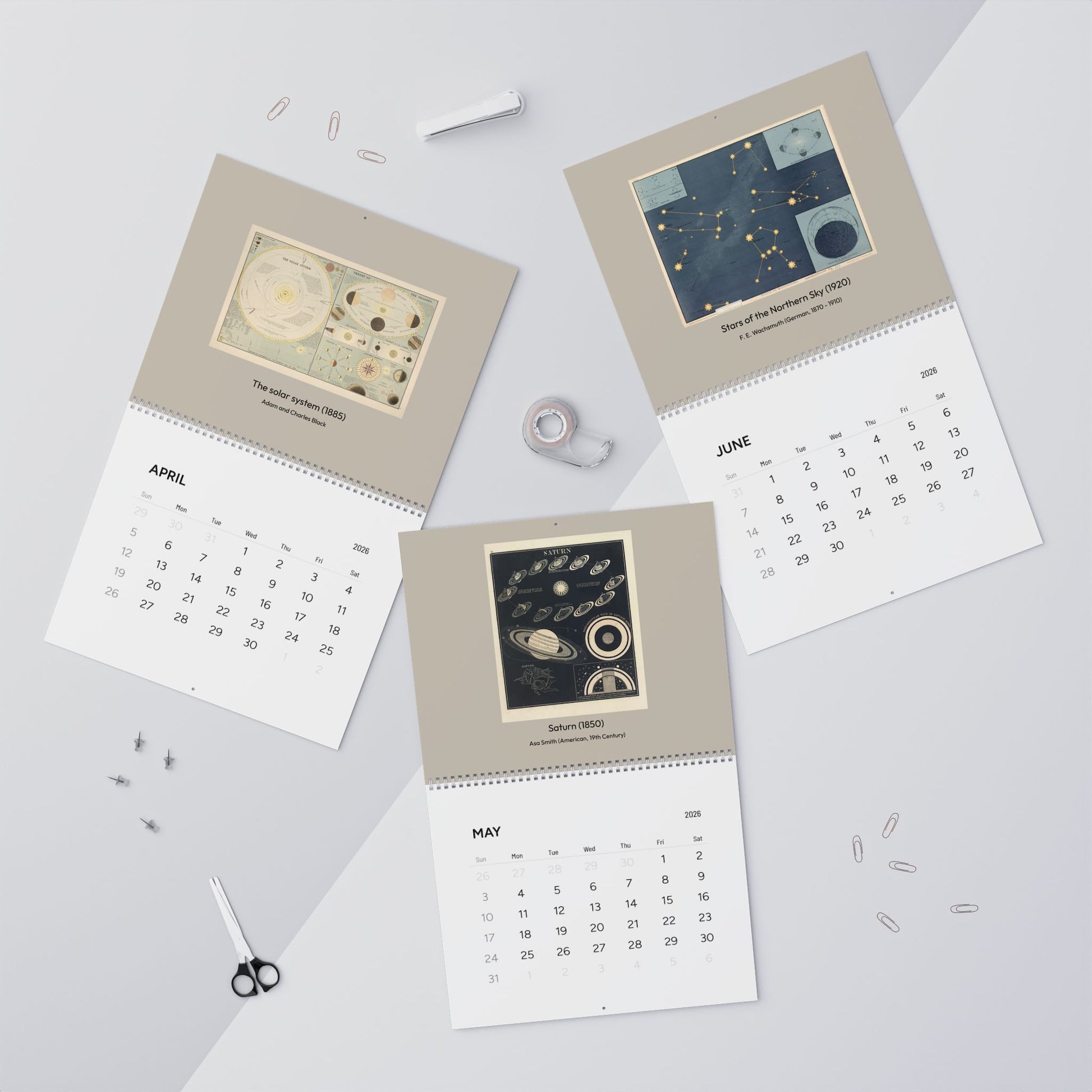 2026 astronomy wall calendar open showing April May and June vintage astronomical educational charts - LeBonJournal