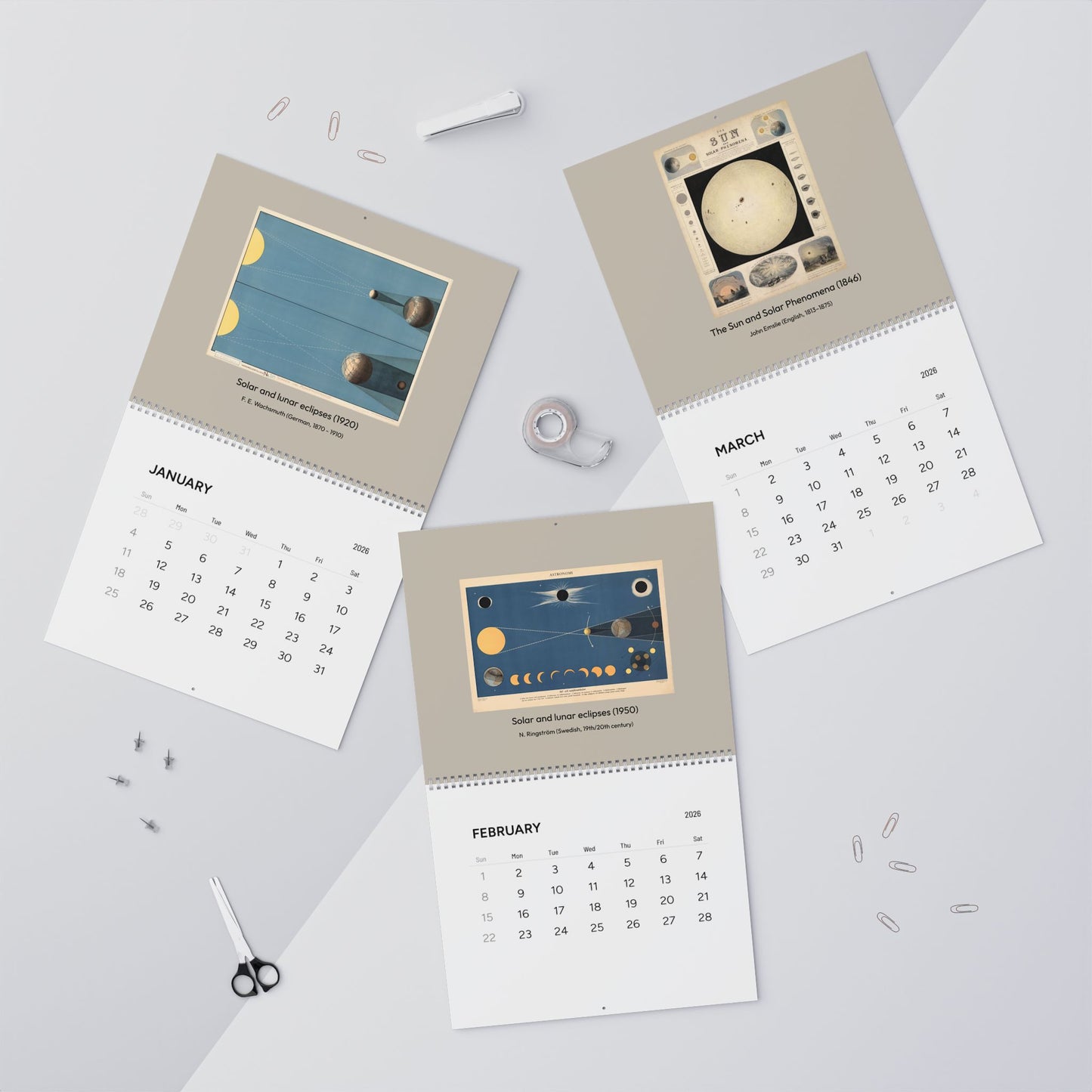 2026 astronomy wall calendar open showing January February and March vintage astronomical educational charts - LeBonJournal