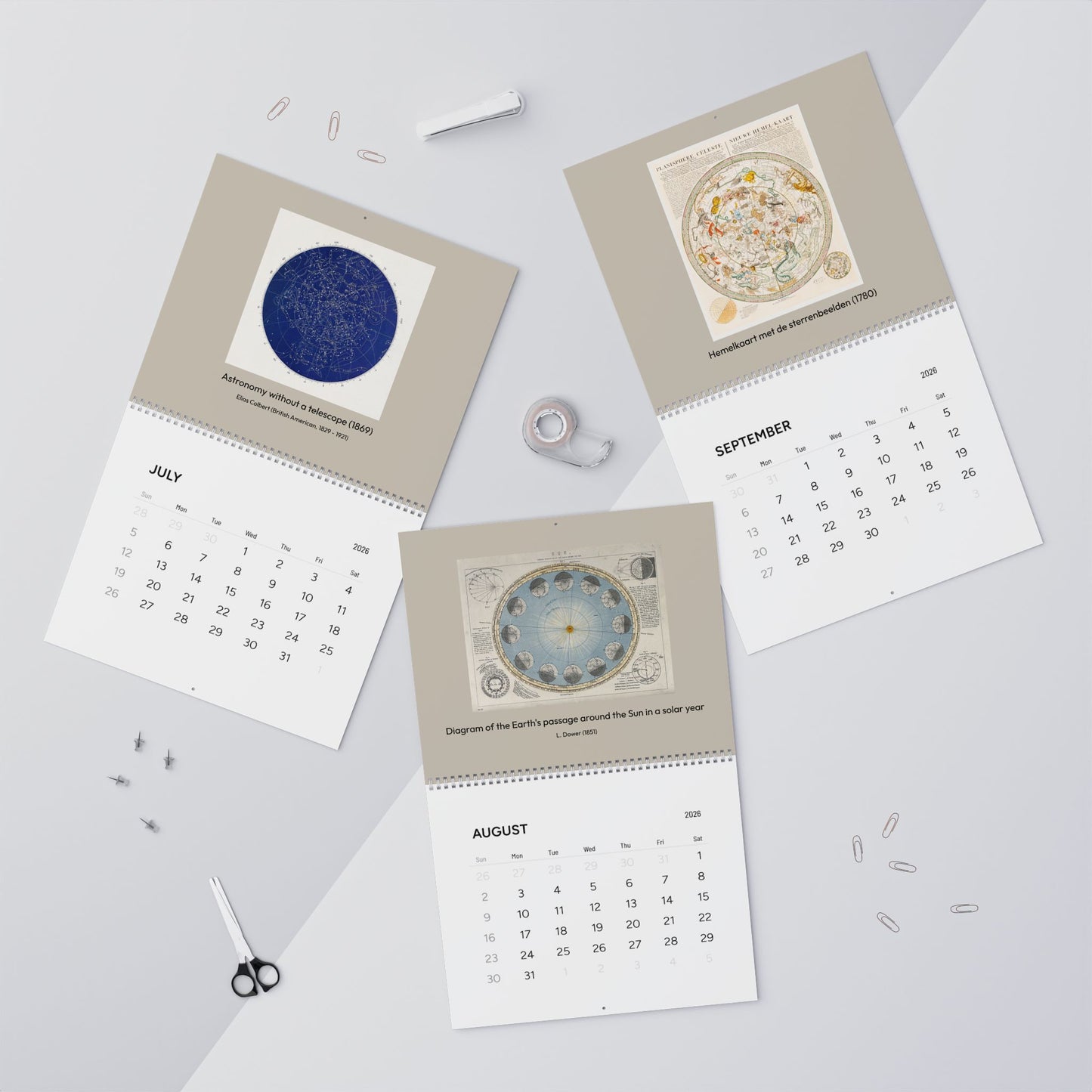 2026 astronomy wall calendar open showing July August and September vintage astronomical educational charts - LeBonJournal