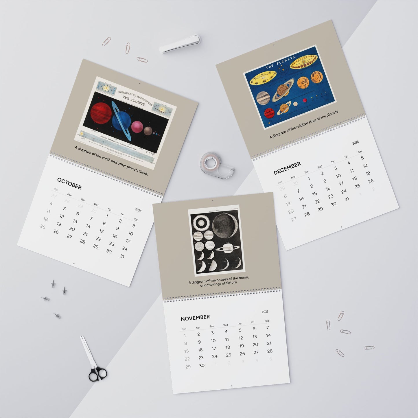 2026 astronomy wall calendar open showing October November and December vintage astronomical educational charts - LeBonJournal