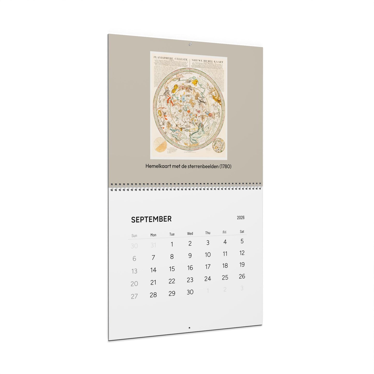 2026 astronomy wall calendar perspective view open on September vintage educational chart wire coil binding - LeBonJournal