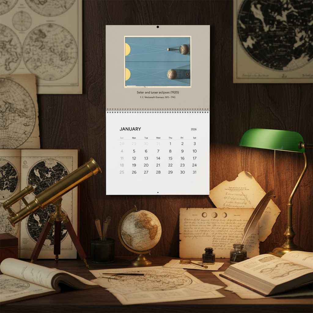 2026 astronomy wall calendar hanging on wooden board above vintage astronomy enthusiast desk with brass telescope and celestial glob