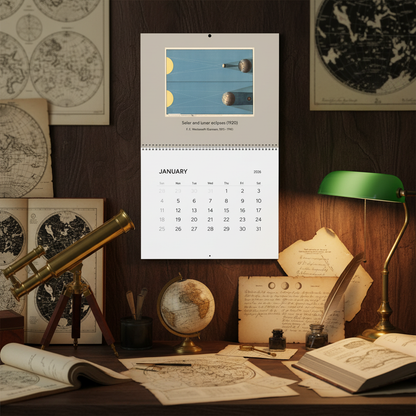 2026 astronomy wall calendar hanging on wooden board above vintage astronomy enthusiast desk with brass telescope and celestial glob