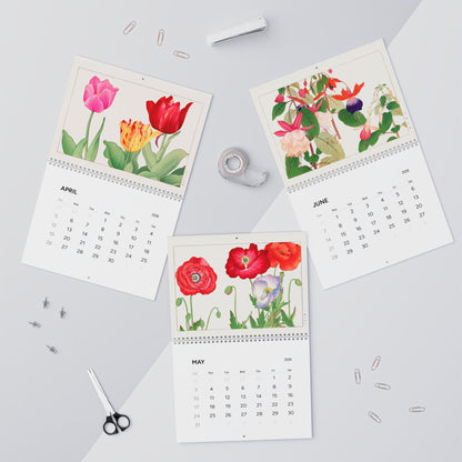 2026 Botanical Wall Calendar — April Tulips, May Poppies and June Fuchsia, vintage botanical illustration pages from Seiyô Sôka Zufu — LeBonJournal
