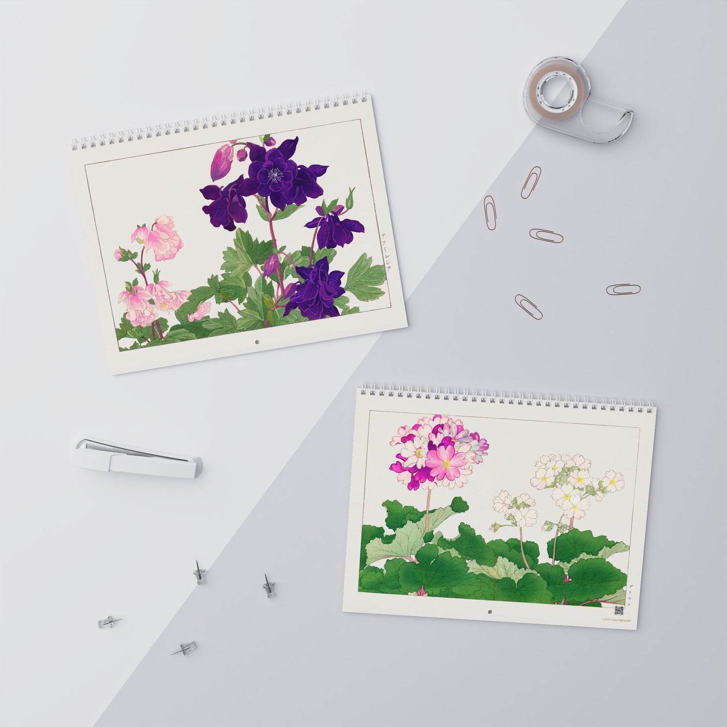 2026 Botanical Wall Calendar — Front cover Aquilegia and back cover Salpiglossis, Seiyô Sôka Zufu botanical art — LeBonJournal
