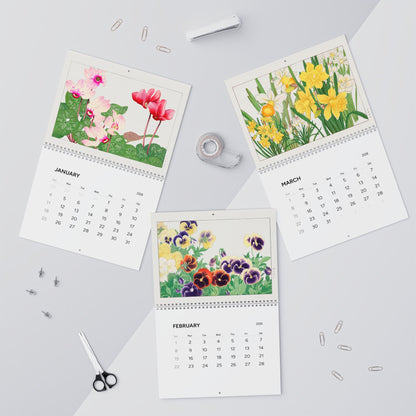 2026 Botanical Wall Calendar — January Cyclamen, February Pansies and March Daffodils, vintage botanical illustration pages — LeBonJournal

