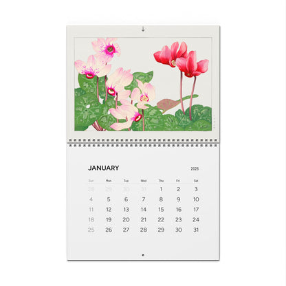 2026 Botanical Wall Calendar open to January — Cyclamen plate from Seiyô Sôka Zufu, 1917 Japanese botanical illustration — LeBonJournal
