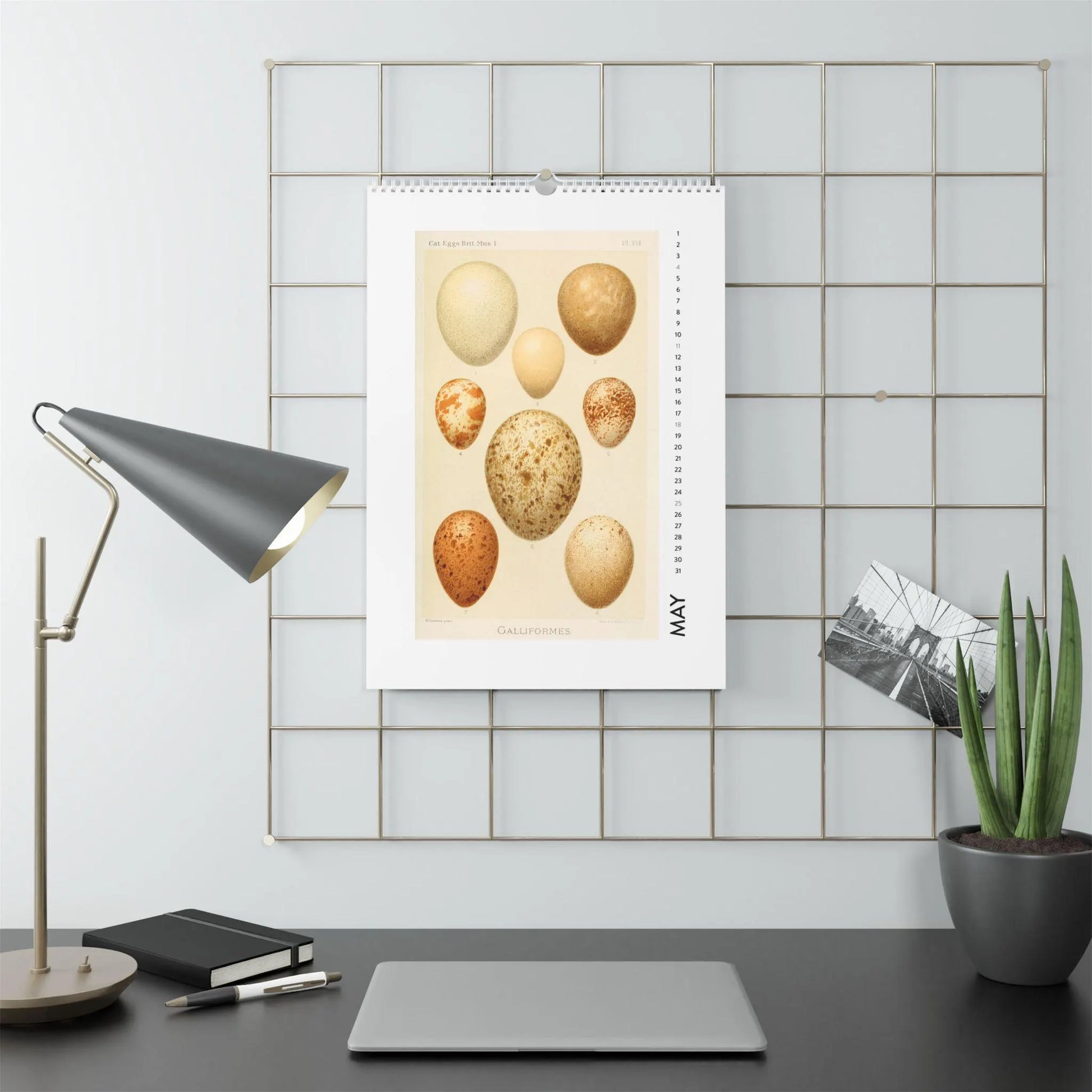 Modern desk with lamp, botanical egg art calendar, notebook, and plant by LeBonJournal